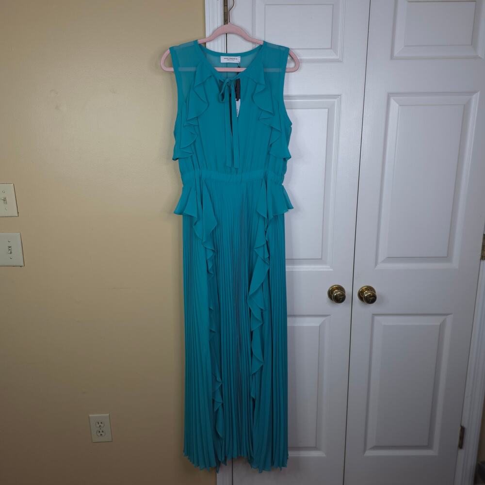 Anna Rachele Italy Pleated Maxi Gown Ruffles Sleeveless in Teal Size IT 44/US 8